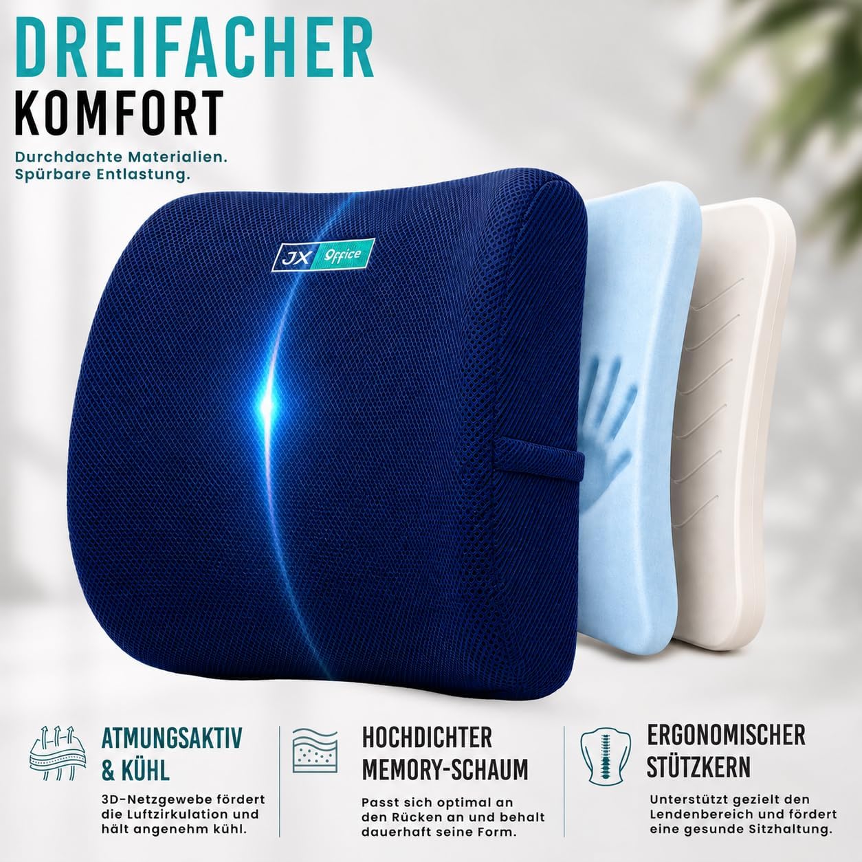 Ergonomisches Memory Foam Rückenkissen gegen Rückenschmerzen, Navy Blue normal