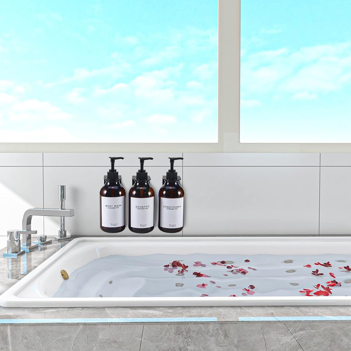 Shampoo- und Conditioner-Spender-Set für Duschwand, 3 Flaschen, 3 Wandhalterungen, Braun