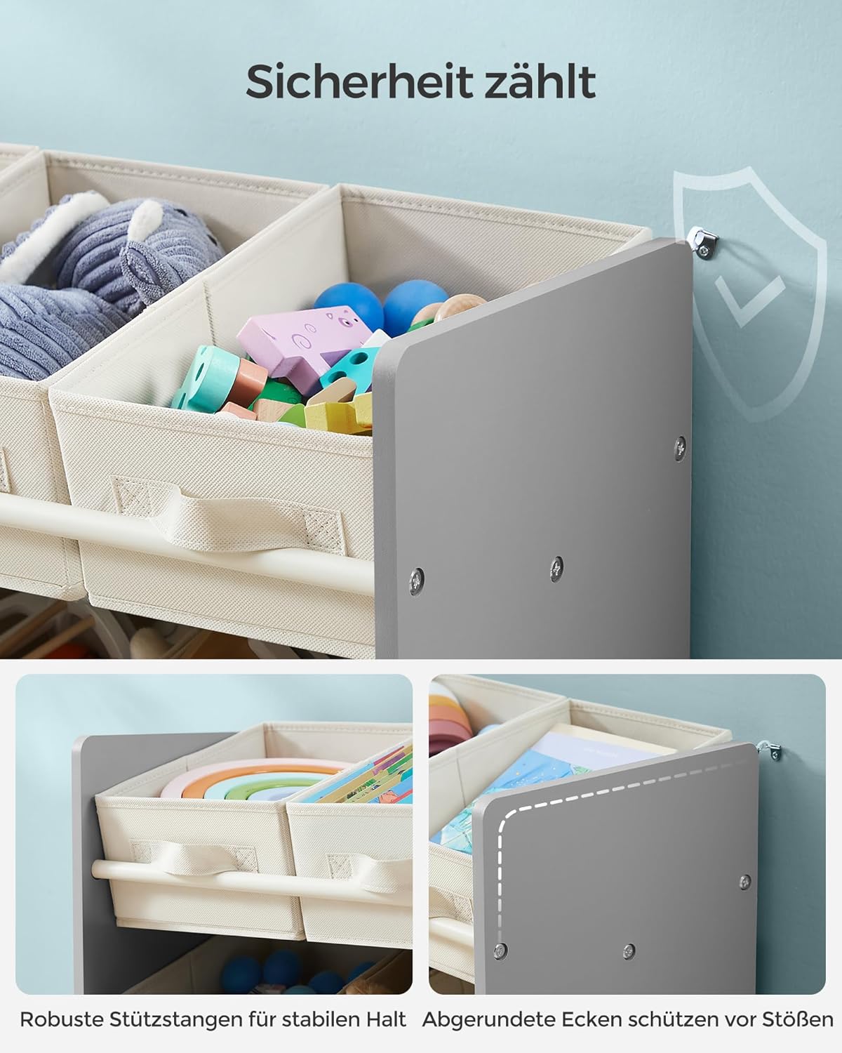 Kinderregal mit 9 Aufbewahrungsboxen, Taubengrau