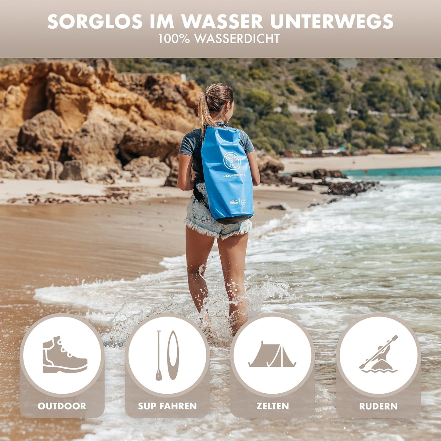 Wasserdichte Dry Bag mit Rucksackfunktion, 20 Liter Marineblau
