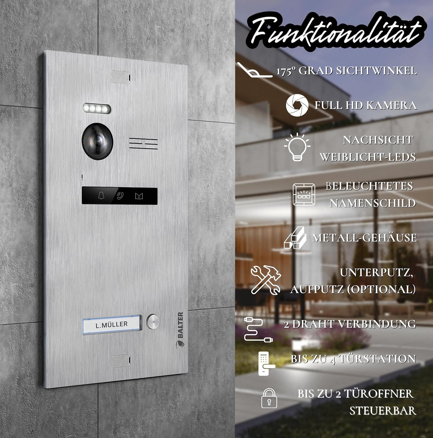 Video-Türklingel mit 2 Monitoren & Türöffner, Schwarz/Silber Ohne Wi-fi 2 Monitore