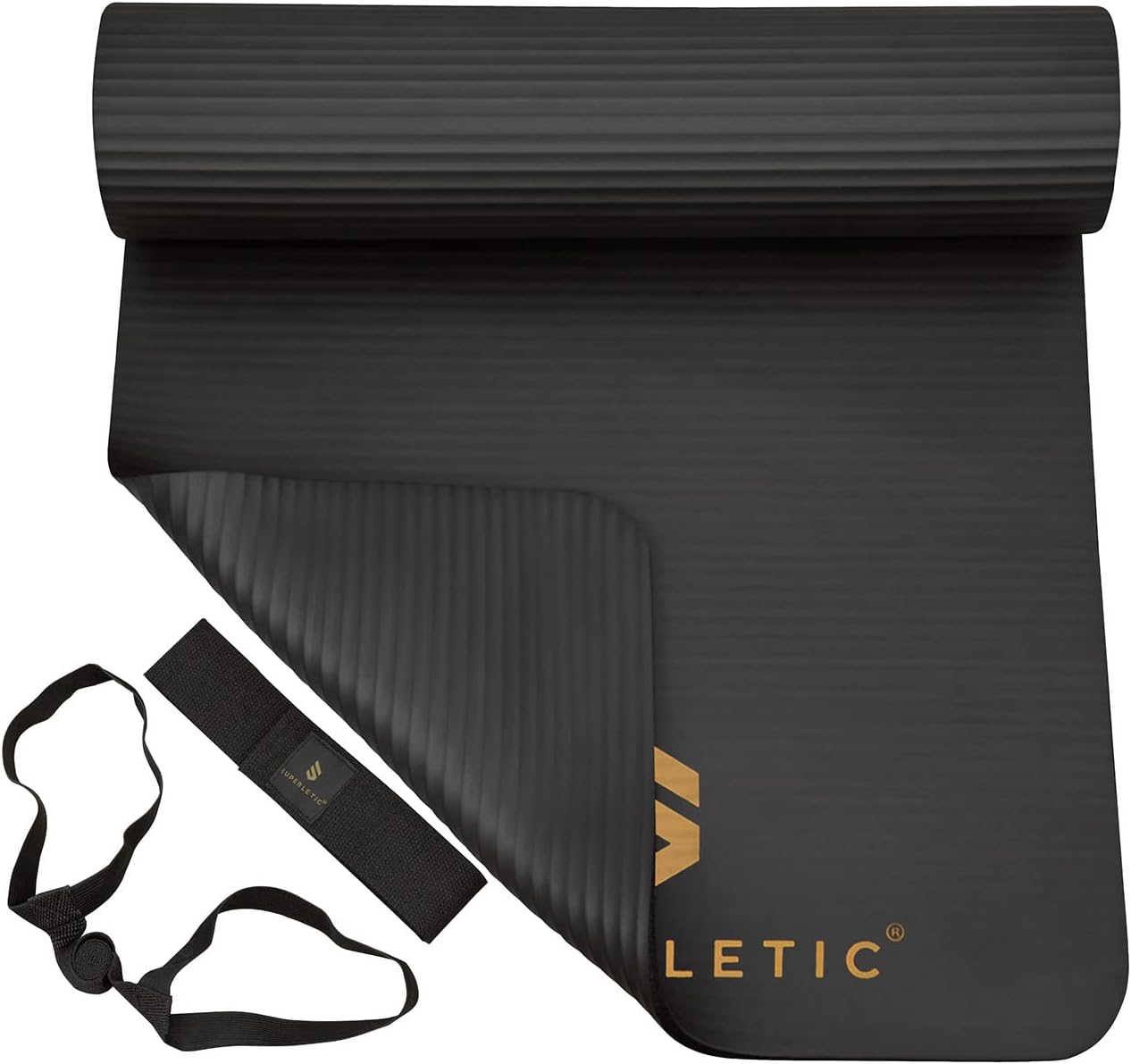 Rutschfeste Fitness- und Yogamatte mit Tragegurt, Schwarz- Nitrile Butadiene Rubber 180 x 60 x 1,0 cm