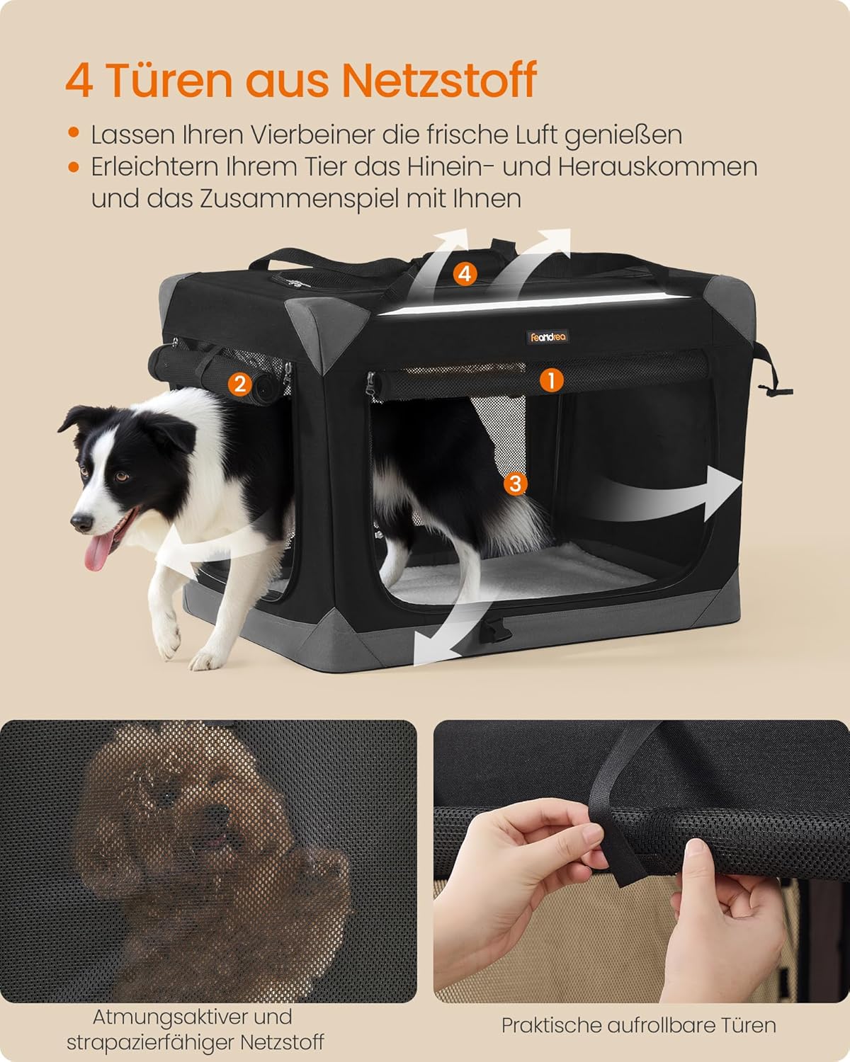 Faltbare Hundetransportbox mit vier Türen, L 76 x B 53 x H 53 cm