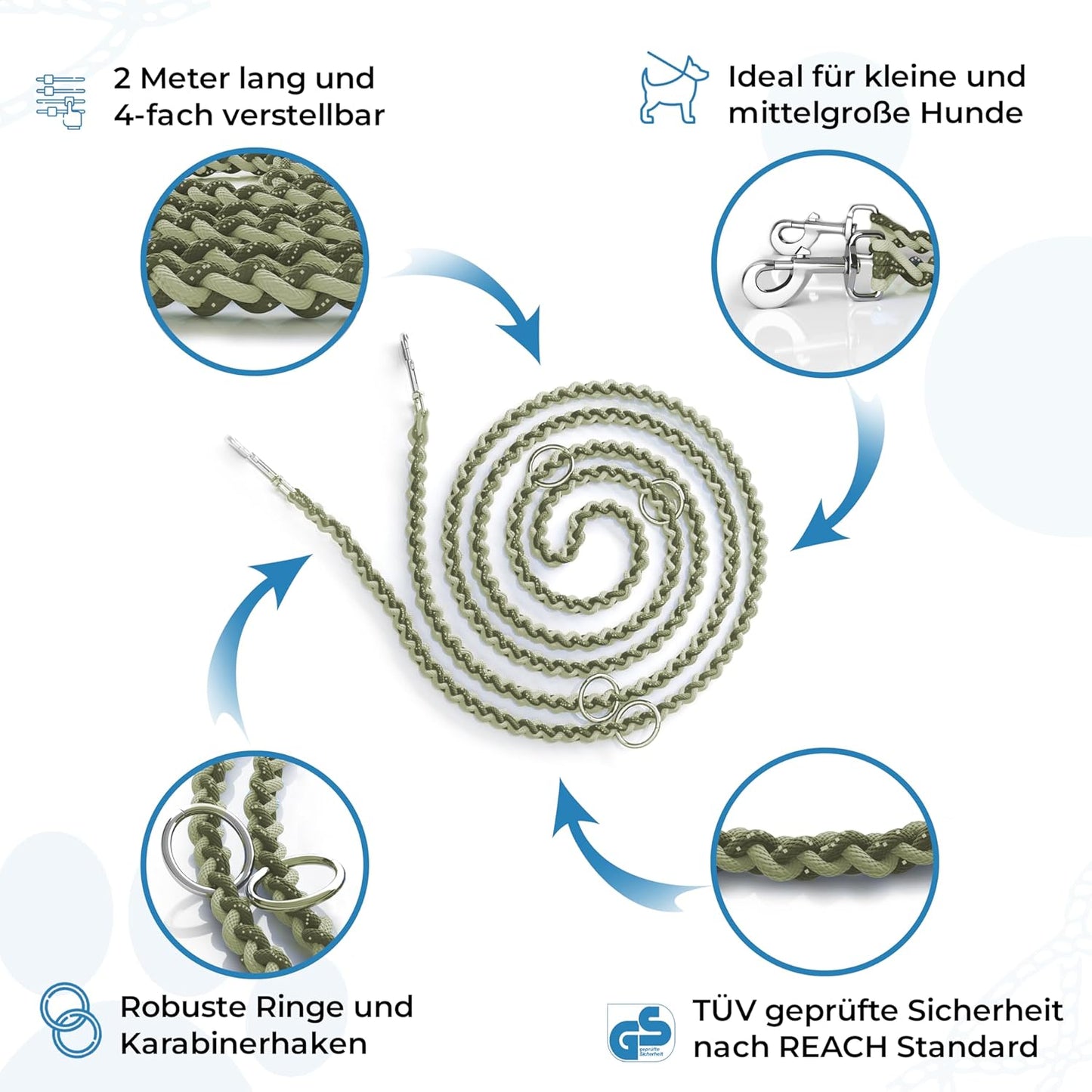 Hundeleine reflektierend, 2m, verstellbar & reissfest, olivgrün 2 m Hunde bis 15 kg
