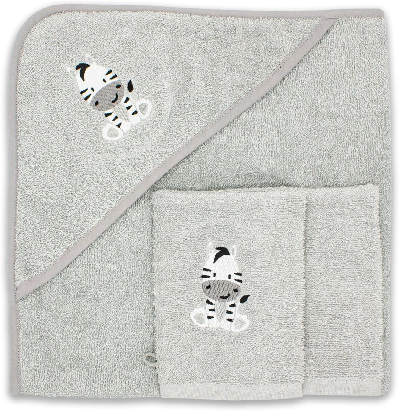 3-teiliges Baby Kapuzenhandtuch-Set mit Waschlappen, Zebra-Motiv, 100 x 100 cm, Zebra Grau 100 x 100