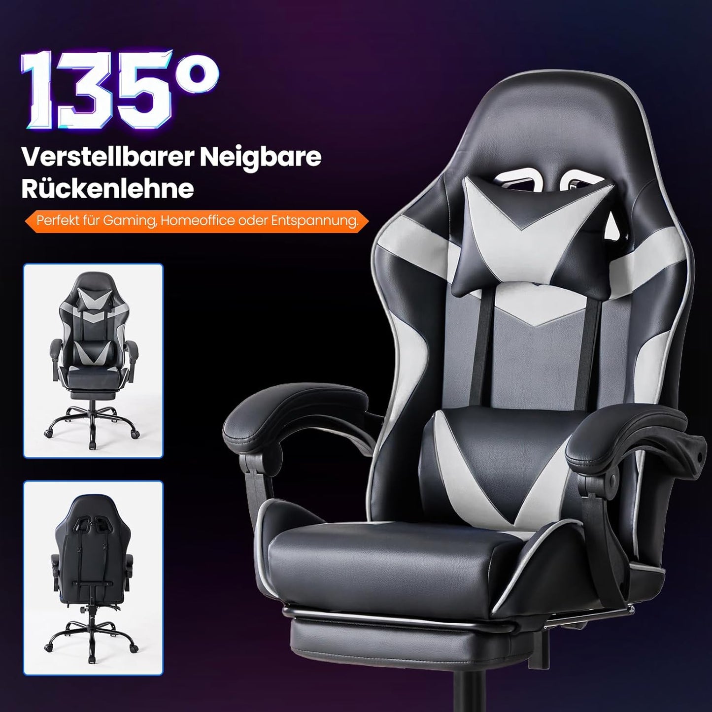 Ergonomischer Gaming-Stuhl mit Fussstütze, Modernes Weiss