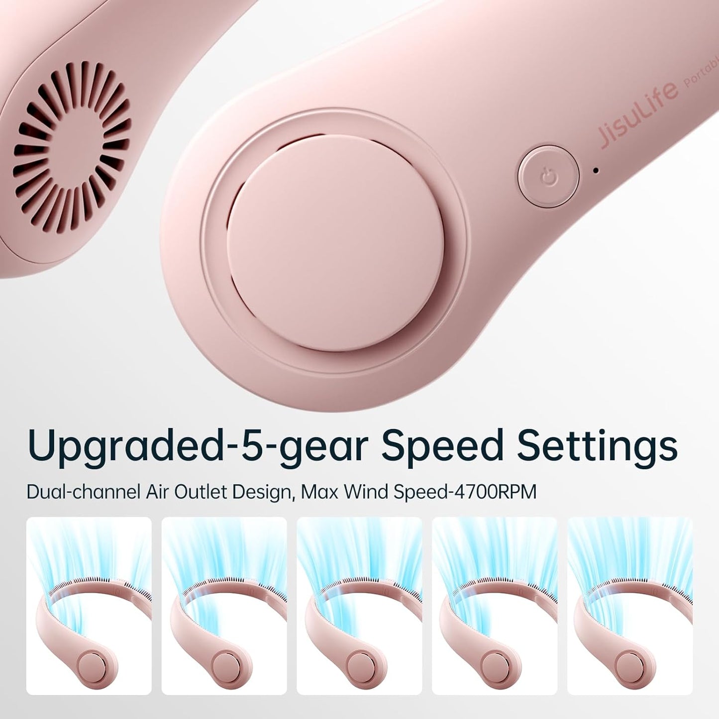 Tragbarer Nackenventilator mit 5 Geschwindigkeiten, Rosa