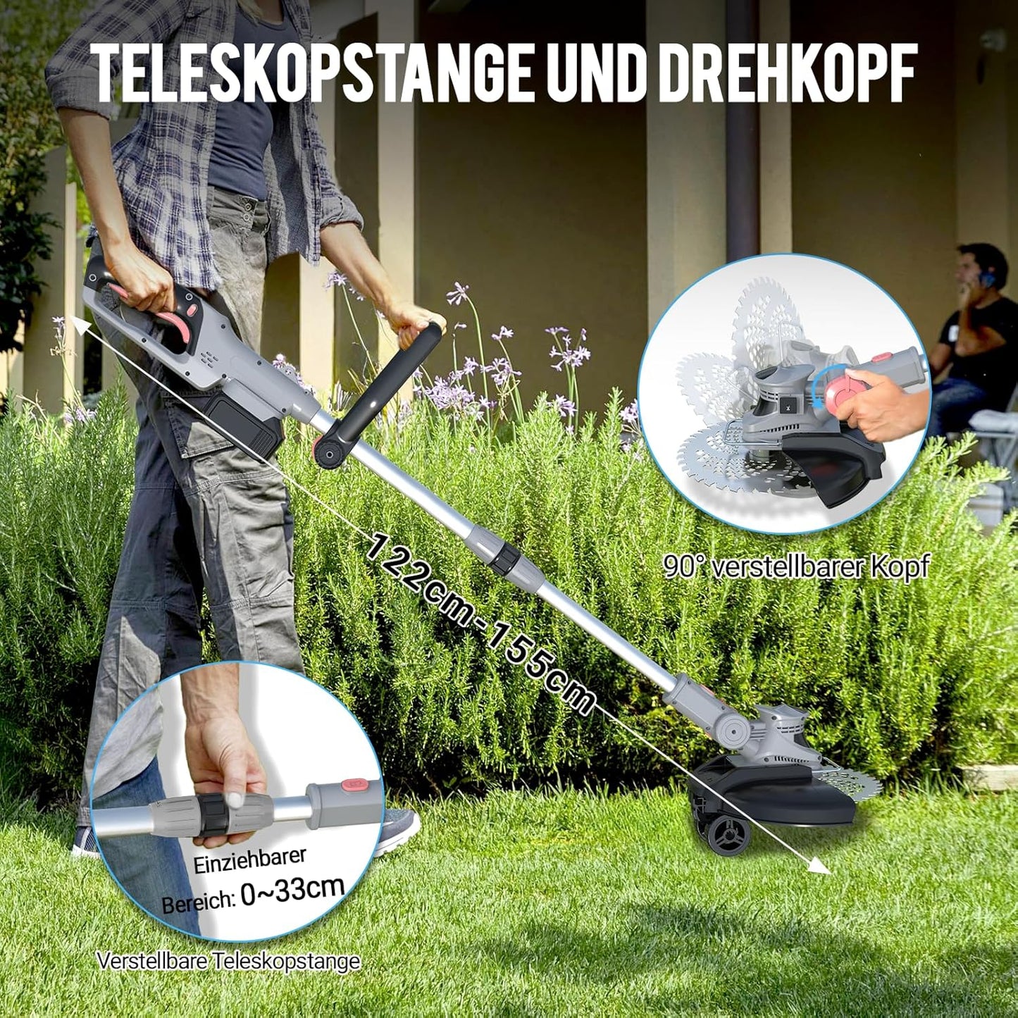 Akku-Rasentrimmer mit Unkrautbürste, Grau