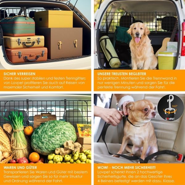Auto Hundegitter, verstellbar inkl. 2 Sicherheitsgurten, Schwarz