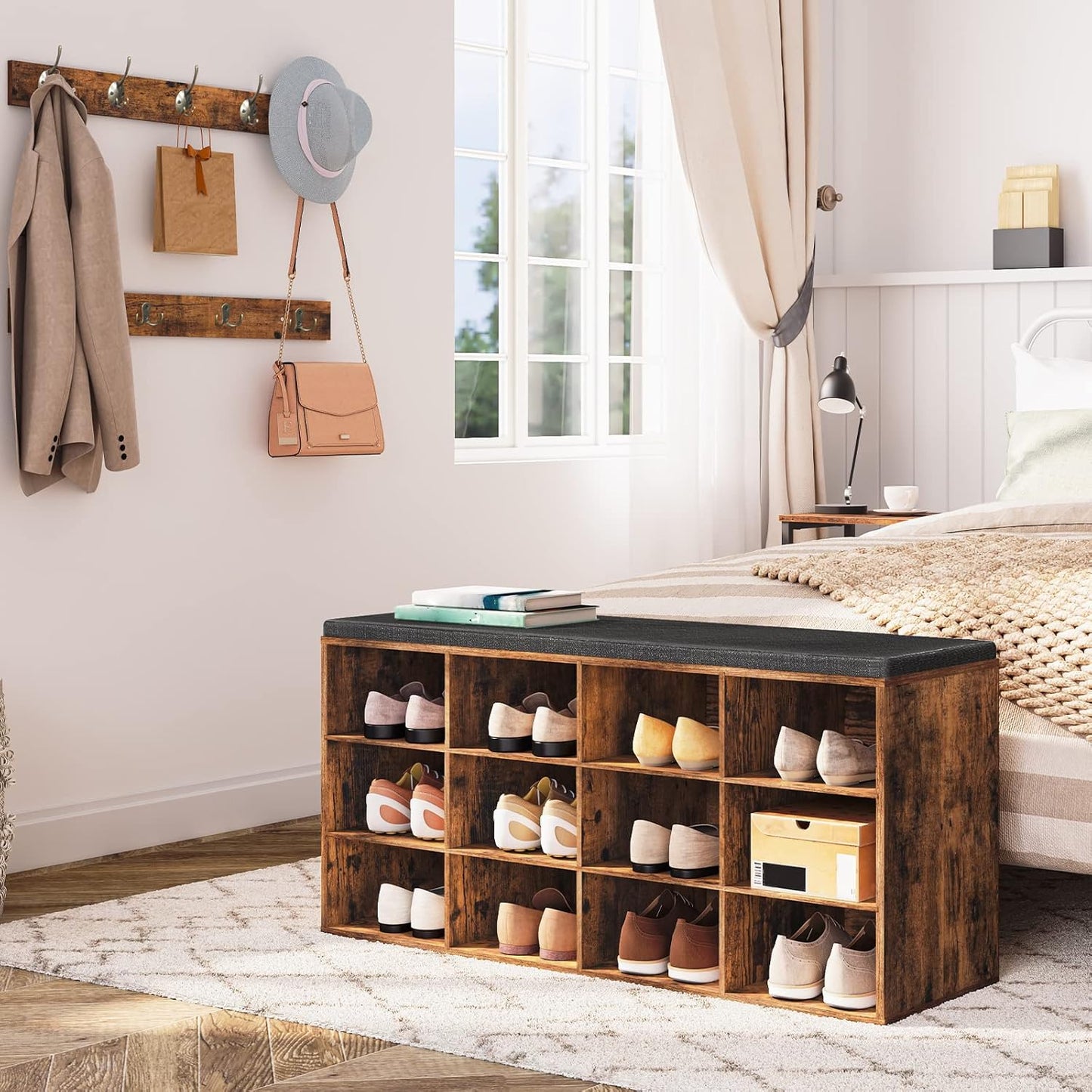 Garderobe und Schuhregal-Set mit Sitzbank und Haken, Vintagebraun + Braun 100 cm x 30 cm x 48 cm