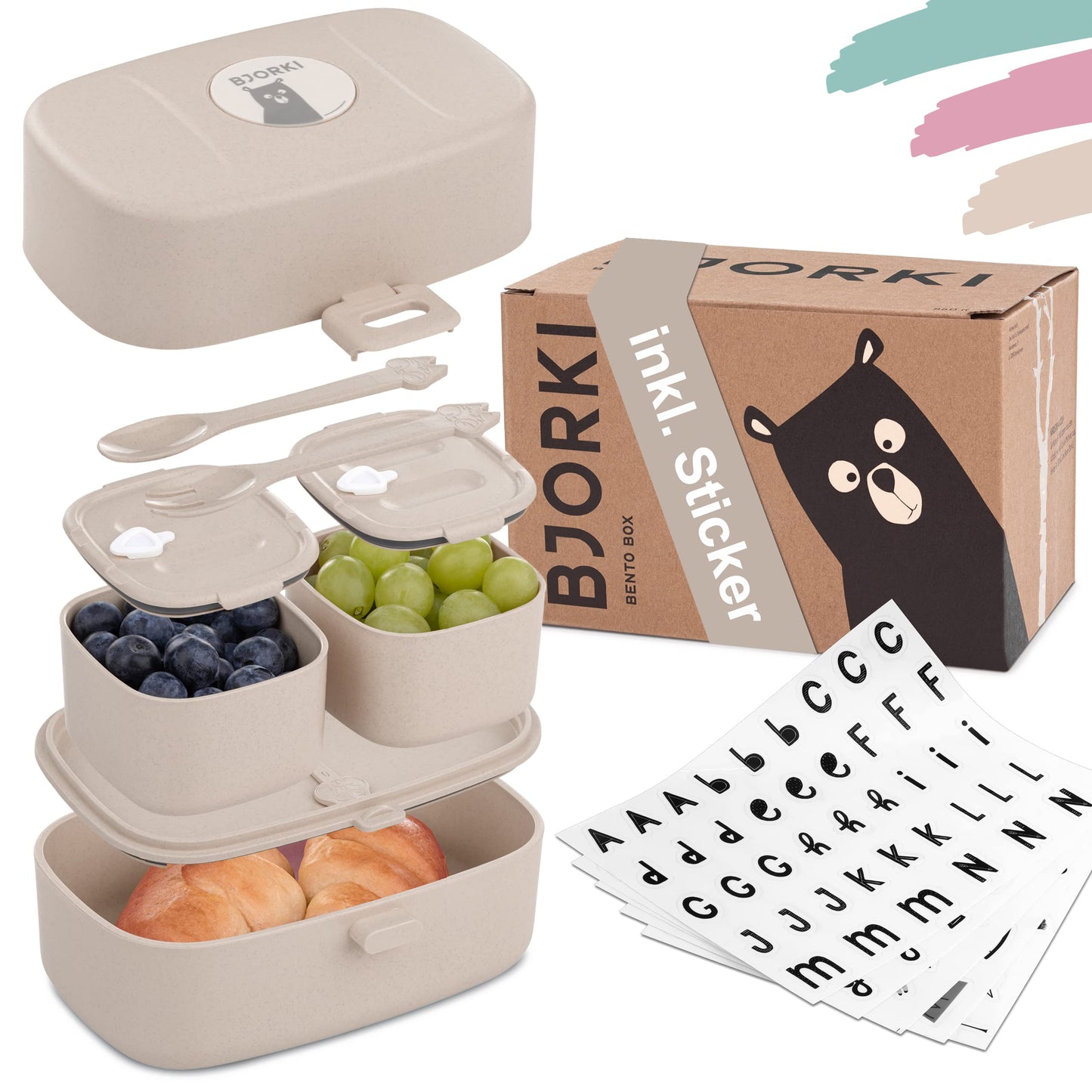 Bento Box für Kinder mit Namenssticker, Pastell Beige