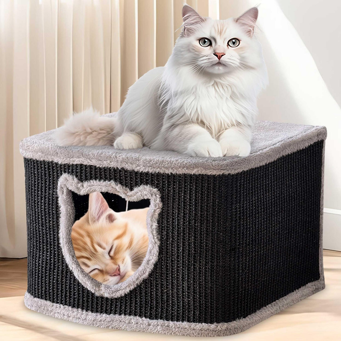 Premium Katzenhaus mit Sisalwänden und Plüsch, Schwarz