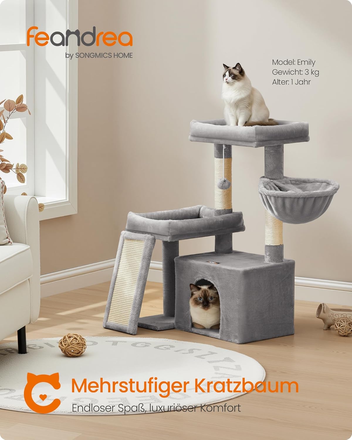 Kratzbaum PCT013GD01 mit Plattformen und Höhle, taubengrau M (92,5 x 58,9 x 85,8 cm)