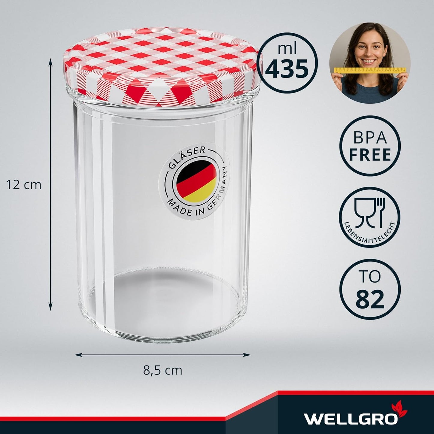 Einmachgläser-Set mit Schraubdeckel, Rot Kariert 435 ml 25