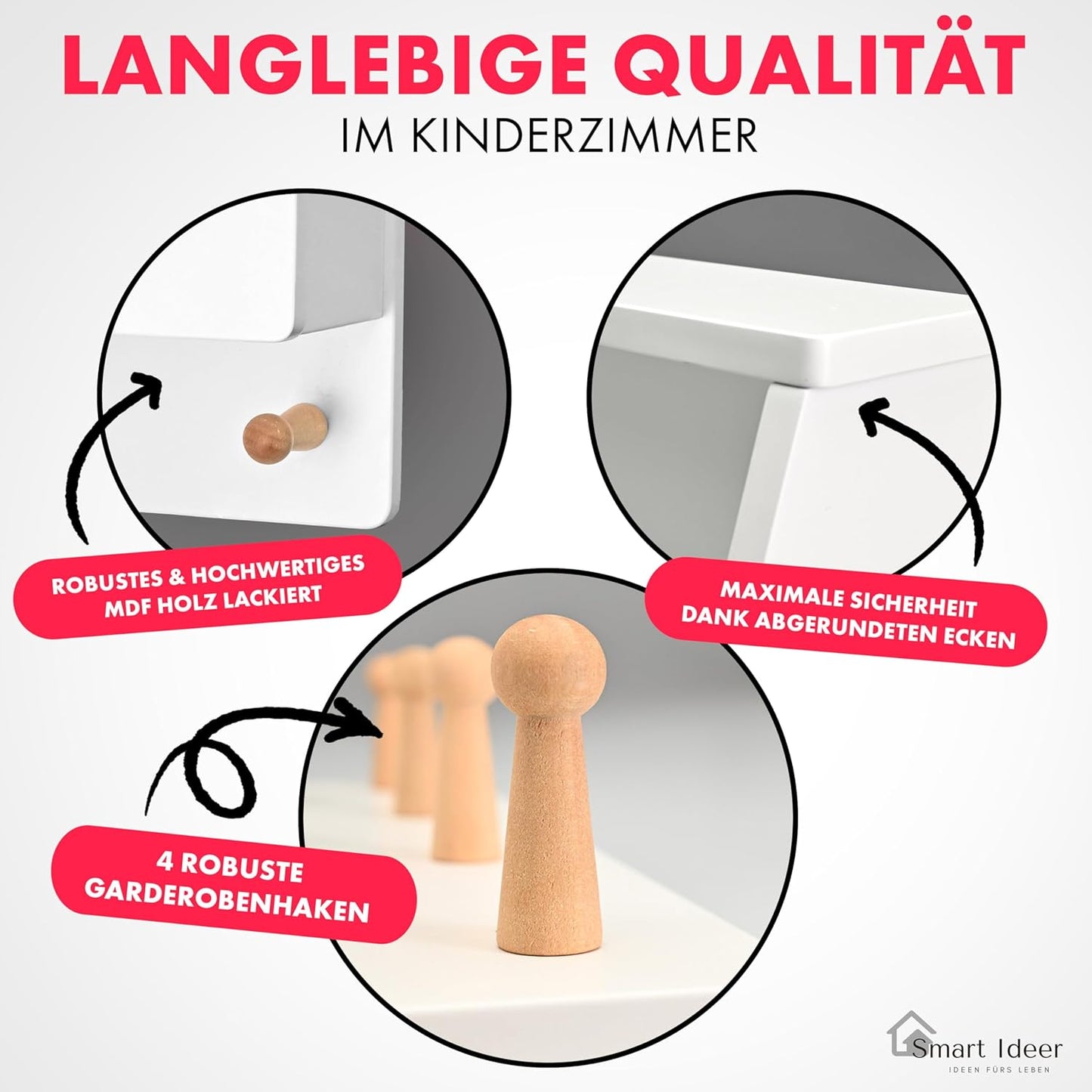 Kindergarderobe mit Holzablage und 4 Haken