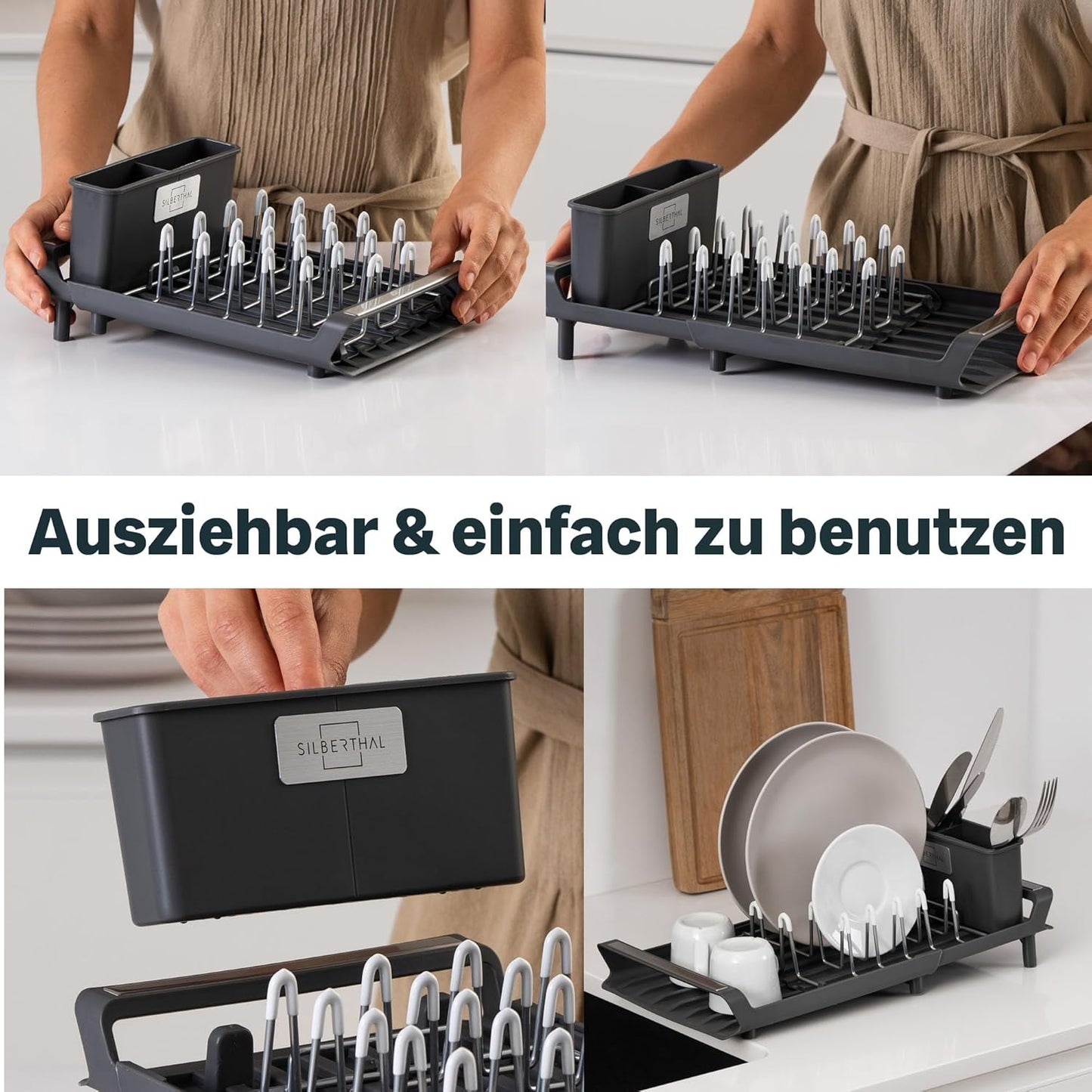 Abtropfgestell mit Schale und Besteckkasten, Ausziehbares Abtropfgestell Klein