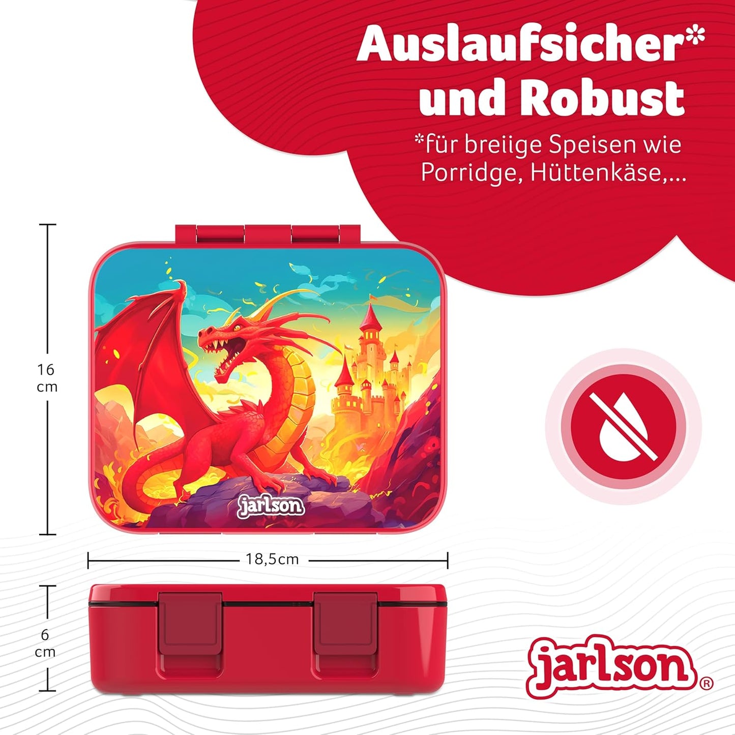 Kinder Bento Lunchbox mit Trennfächern, Drache Rot