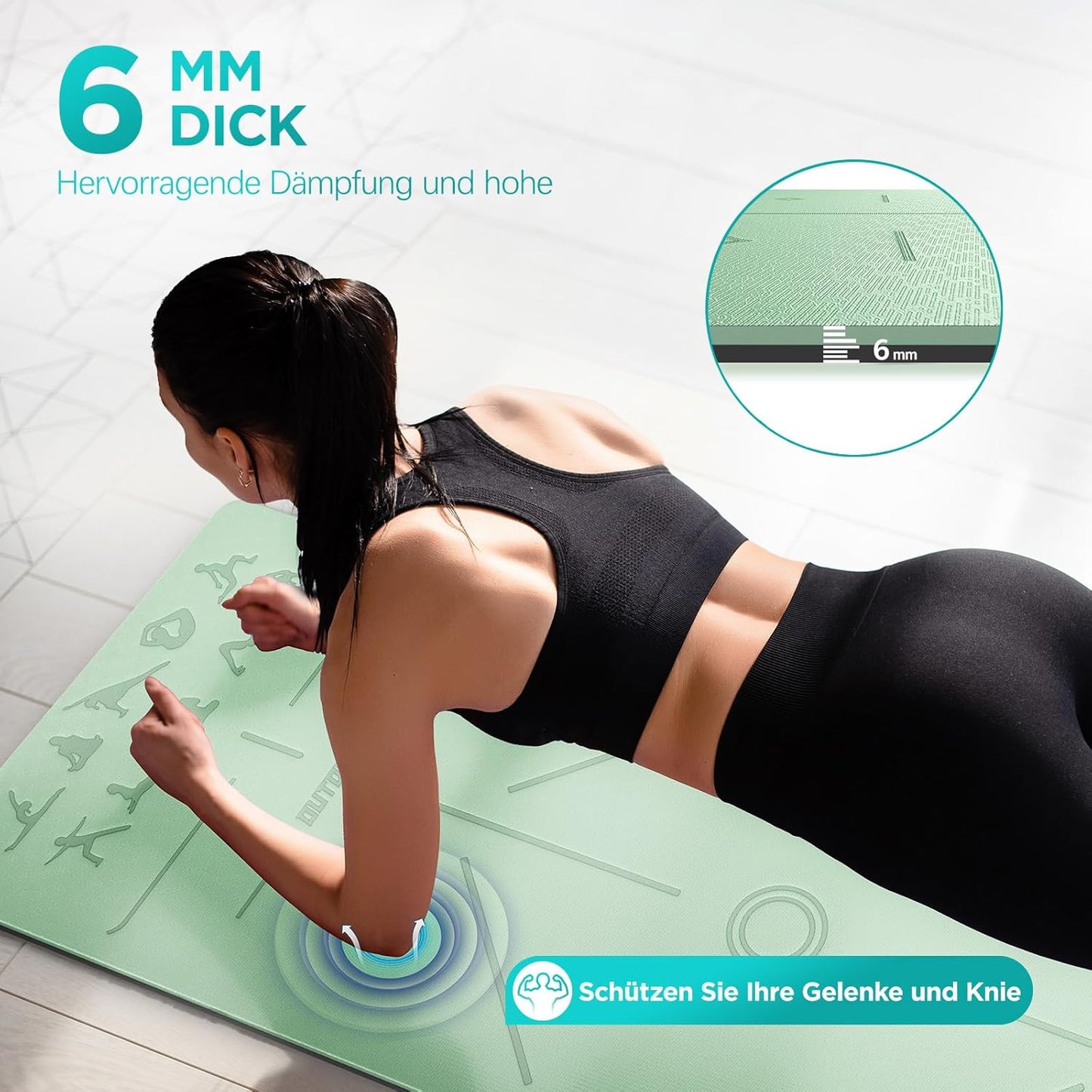 TPE Yoga- und Fitnessmatte mit Ausrichtungslinien, tiefgrün und schwarz 183x61x0.6cm