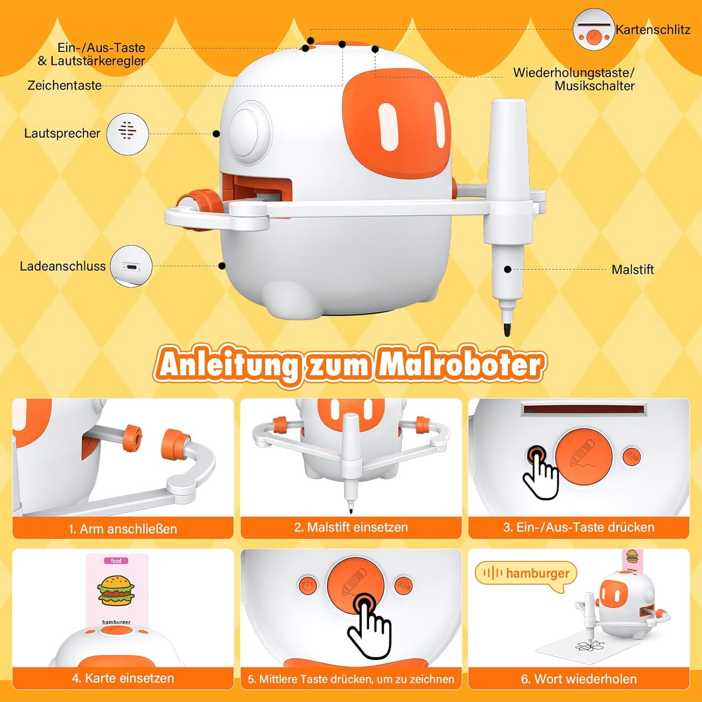Zeichenroboter mit Sprachfunktion, 100 Karten und Stiften, Weiss