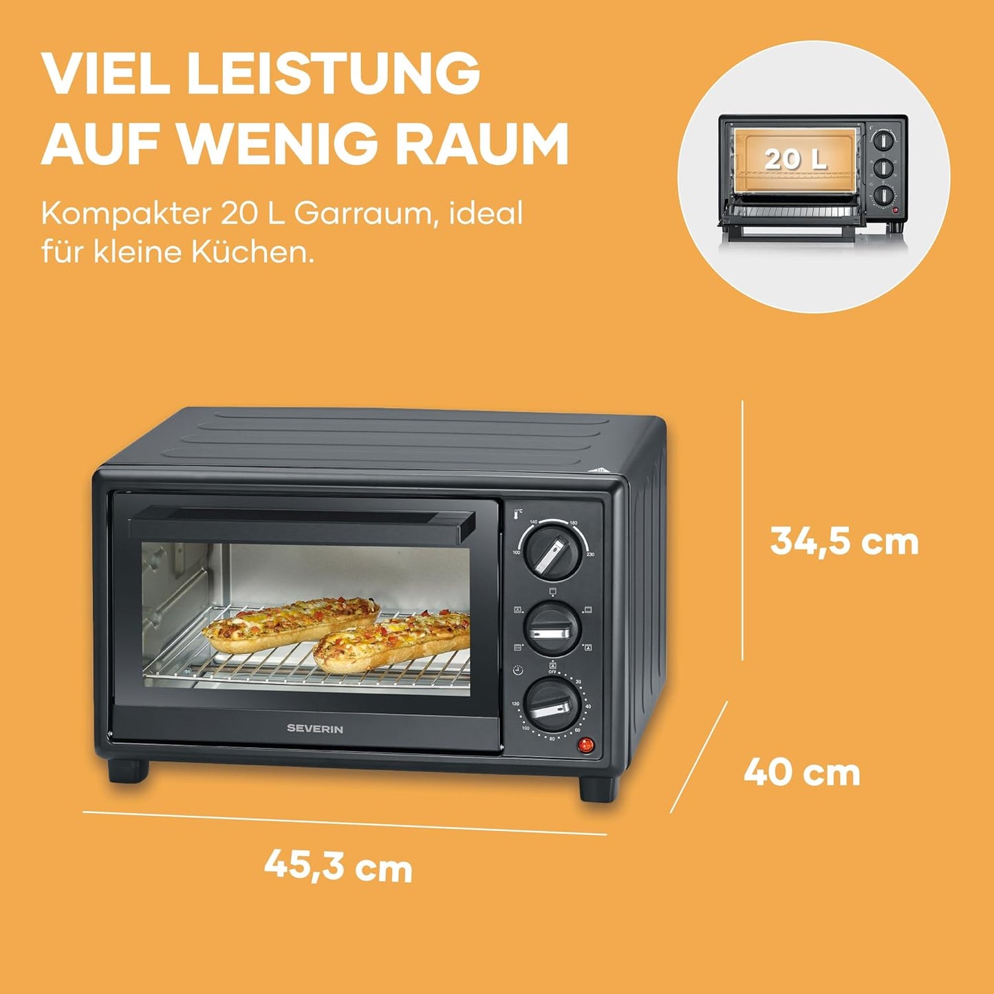 Back- und Toastofen mit Umluftfunktion, 20L, inkl. Pizzastein, NEU 2026: 20L, inkl. Drehspiess & Pizzastein