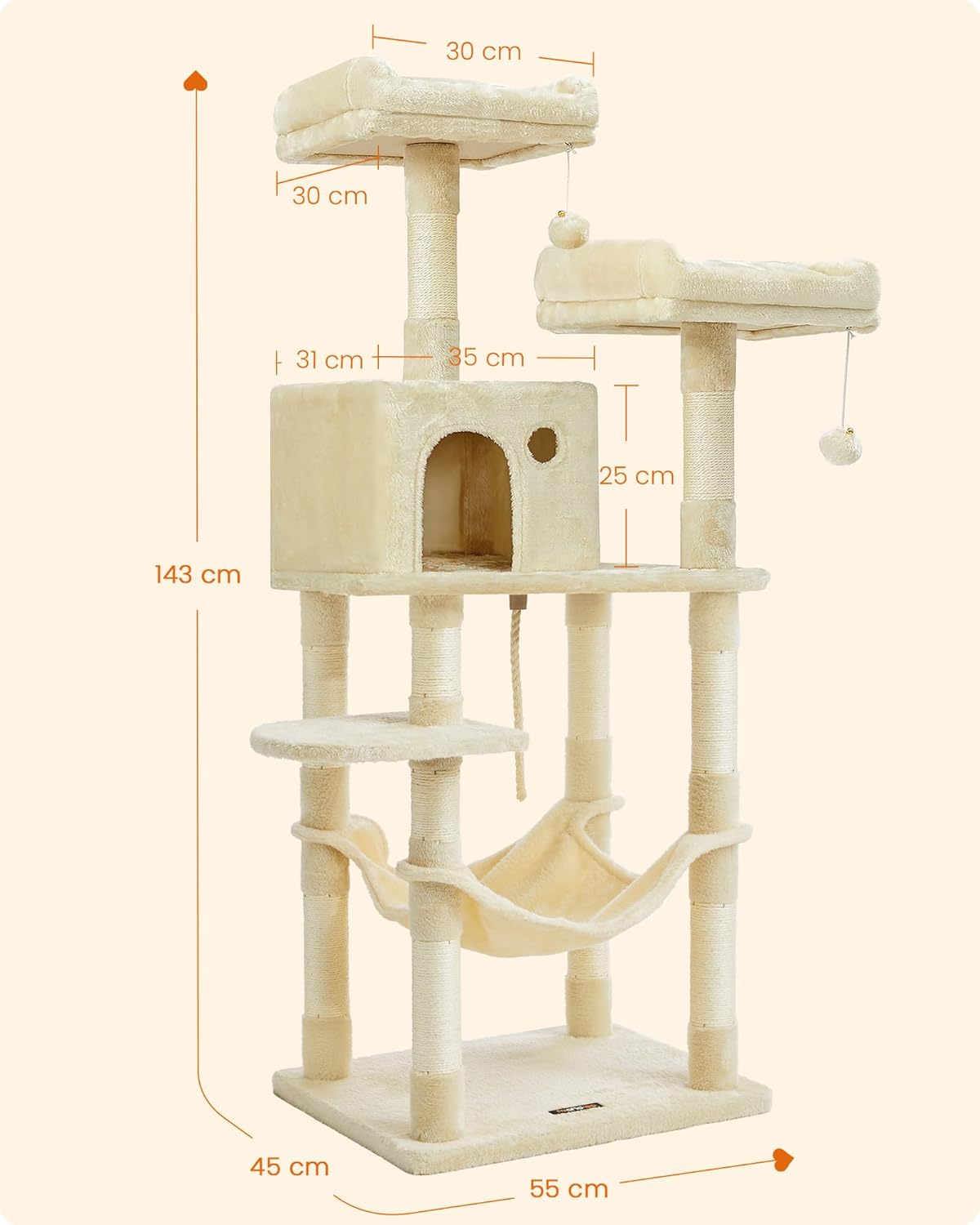 Kratzbaum mit Hängematte und Katzenhöhle, Beige L (55 x 45 x 143 cm)
