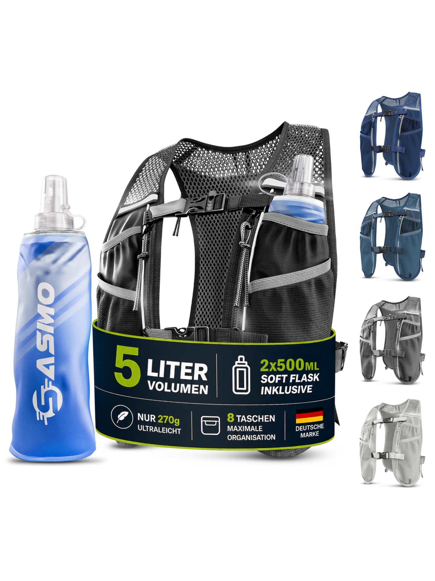 Laufweste mit Trinkflaschen (5L, 8 Taschen), 5L - schwarz - mit 2x500ml 5L