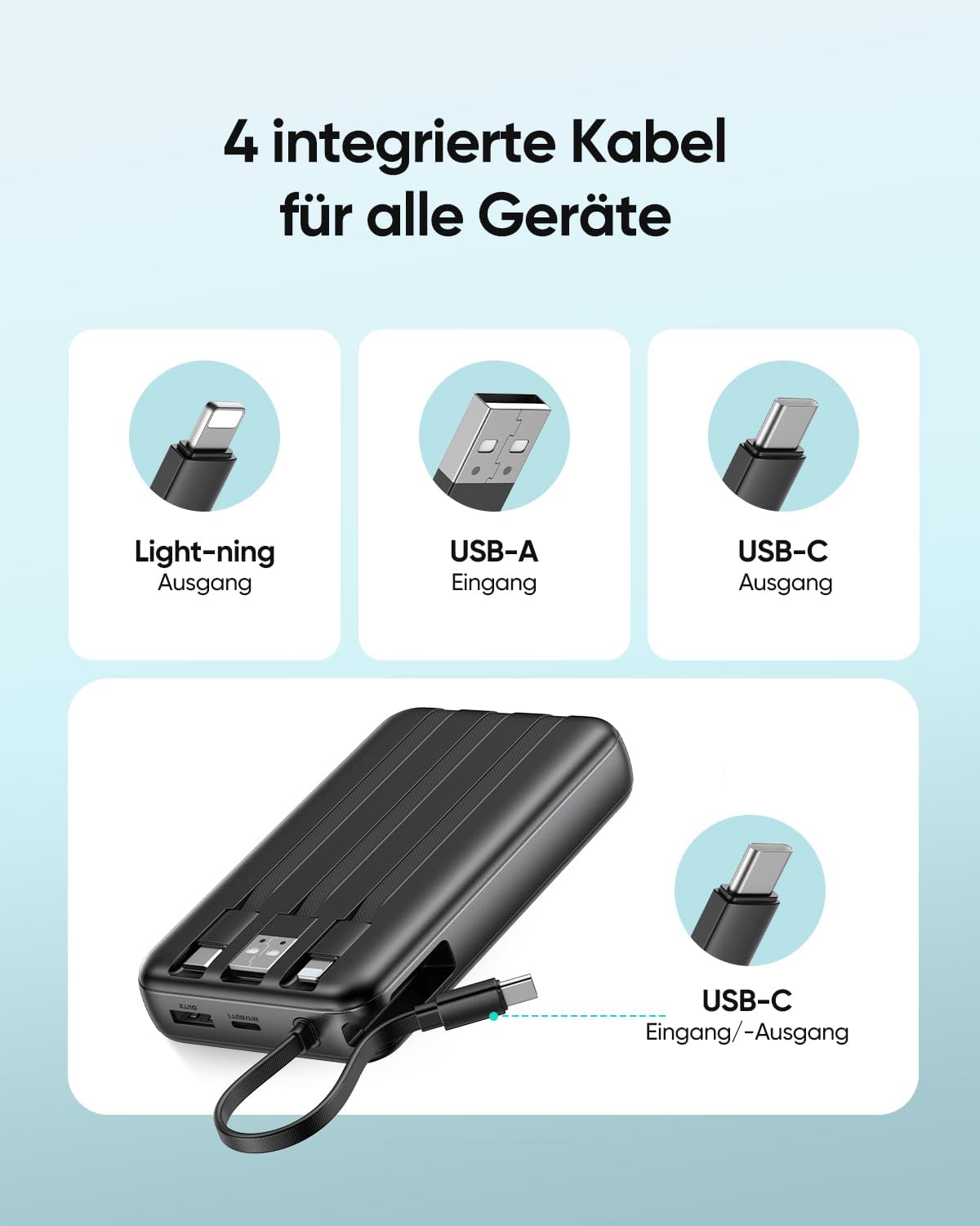 Powerbank mit 4 Kabeln & Schnellladen, Schwarz