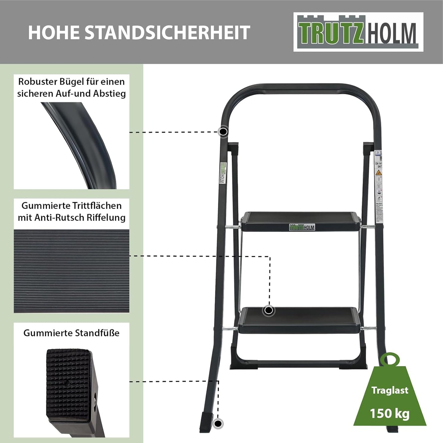 Klappbare Trittleiter mit Sicherheitsverriegelung, 2 Stufen Anthrazit