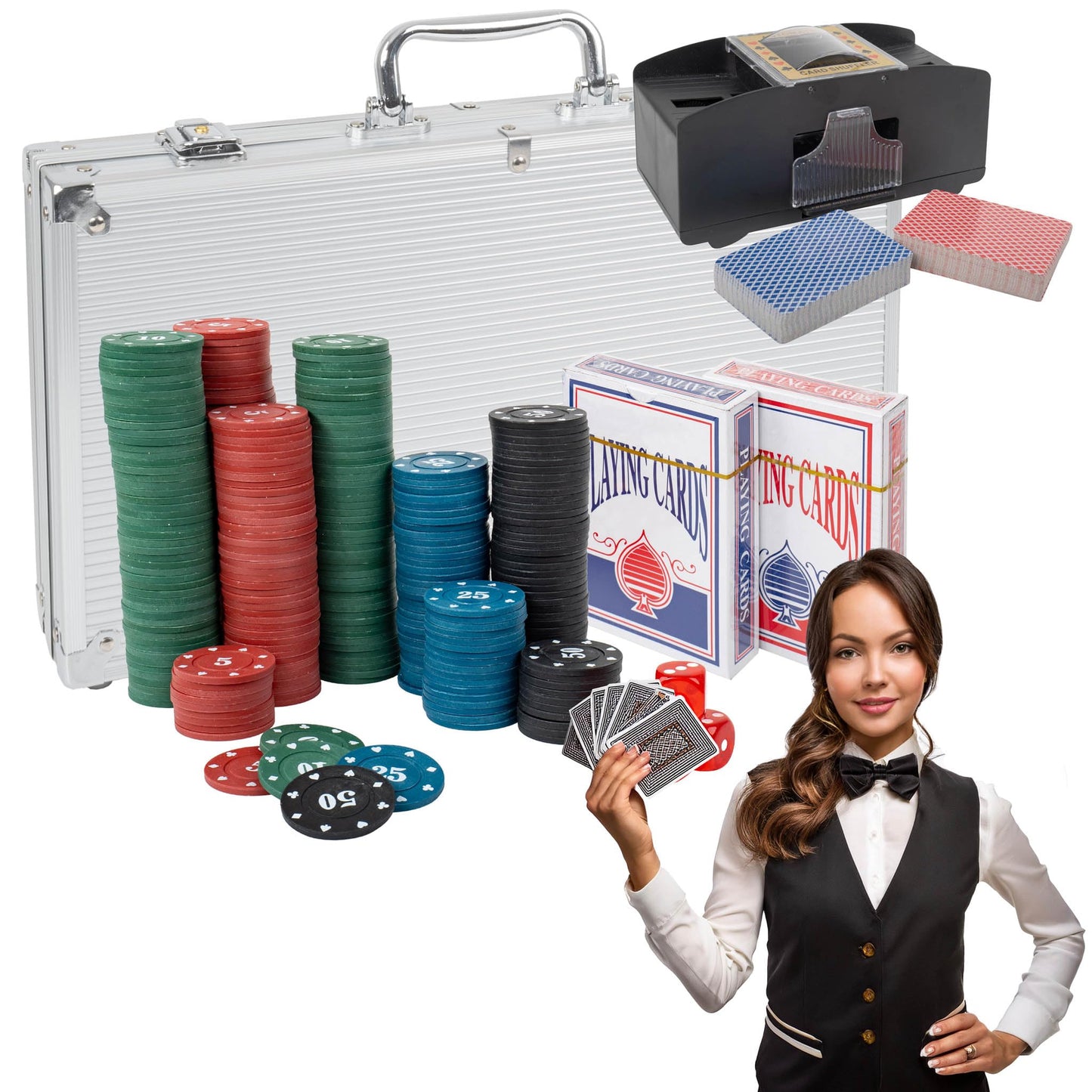 Pokerkoffer Spielset mit Kartenmischer, 300 Chips + Kartenmischer