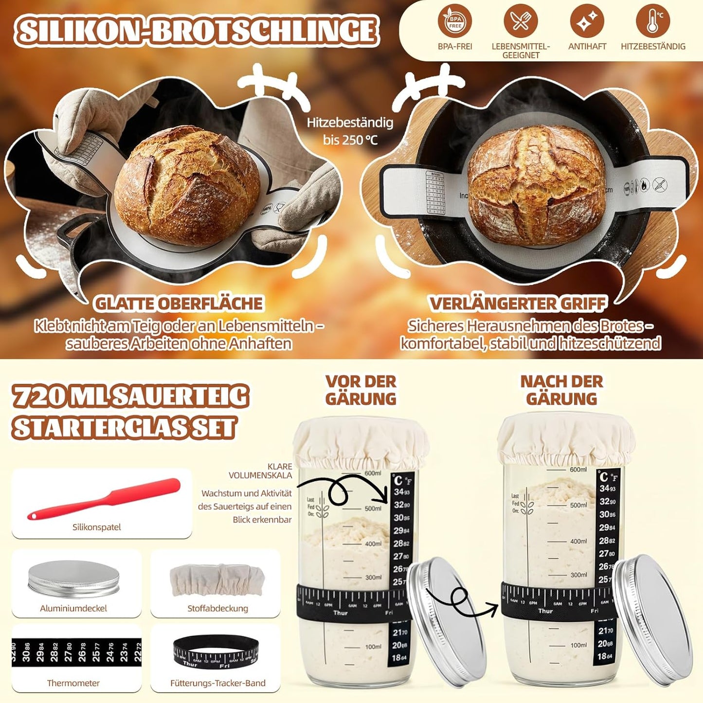 Gärkörbchen Starter Set, Rund+oval+sauerteig Glas