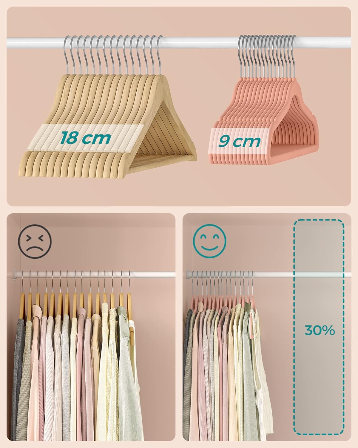 30er-Set Samt-Kleiderbügel, 30 Stück Rosa