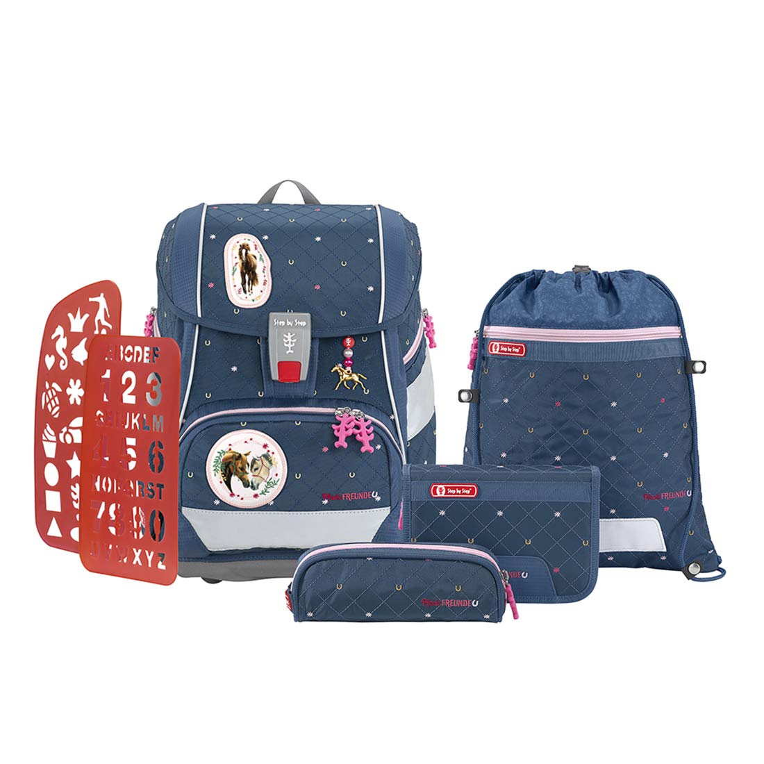 2in1 Plus Schulranzen-Set Pferdefreunde (6-teilig), Blau-rosa