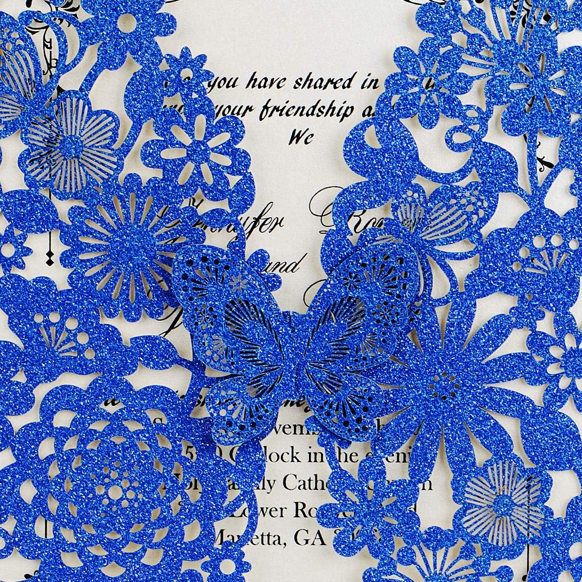 Laserschnitt Hochzeitseinladungen mit Schmetterling, 20 Stück Leeres Papier ;  Blau Glitzer
