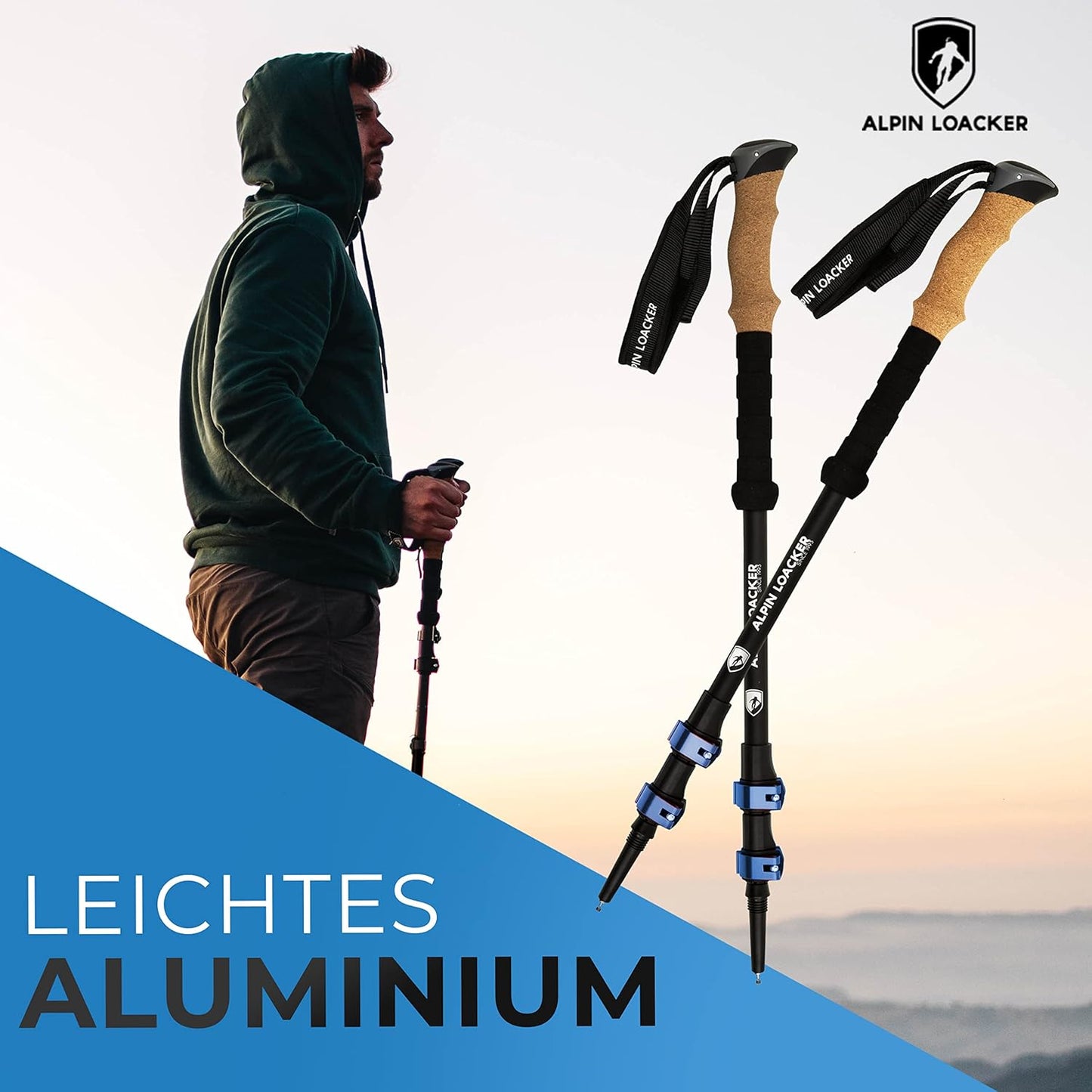 Teleskop-Wanderstöcke mit Kork-Griffen, Aluminium - blaue Klemmringe