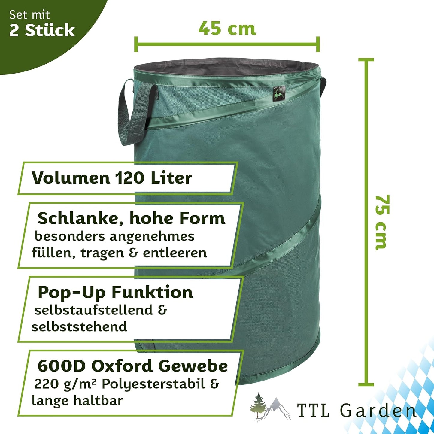 2-teiliges Pop-up Gartensack-Set robust & wasserfest, 120L Premium 2x