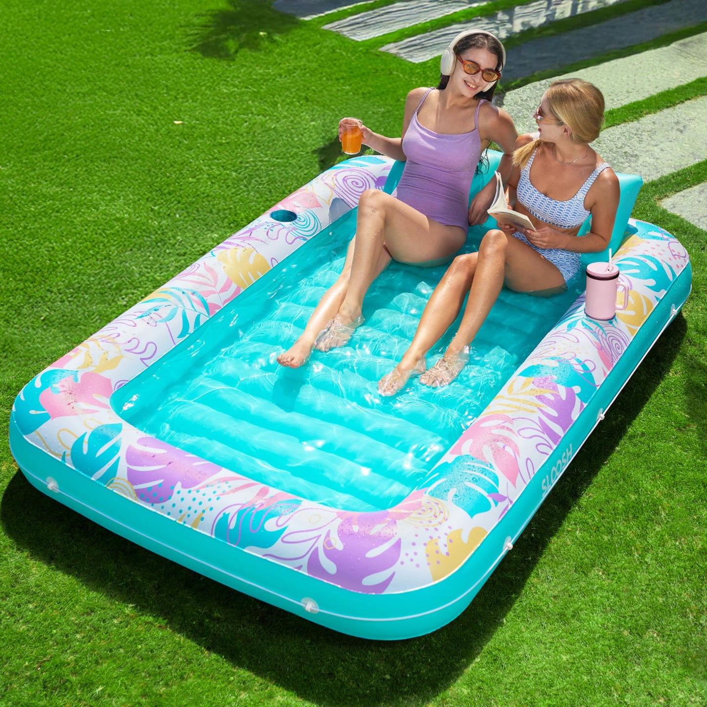 Aufblasbarer 4-in-1 Sonnenliegepool mit Kissen und Getränkehalter, Tropisches Blau XL