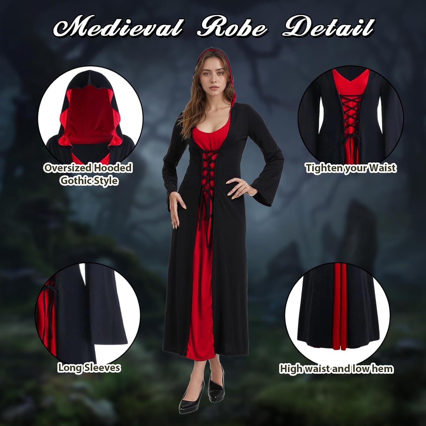 Mittelalter-Kostüm mit Kapuze für Halloween, S Schwarz und Rot