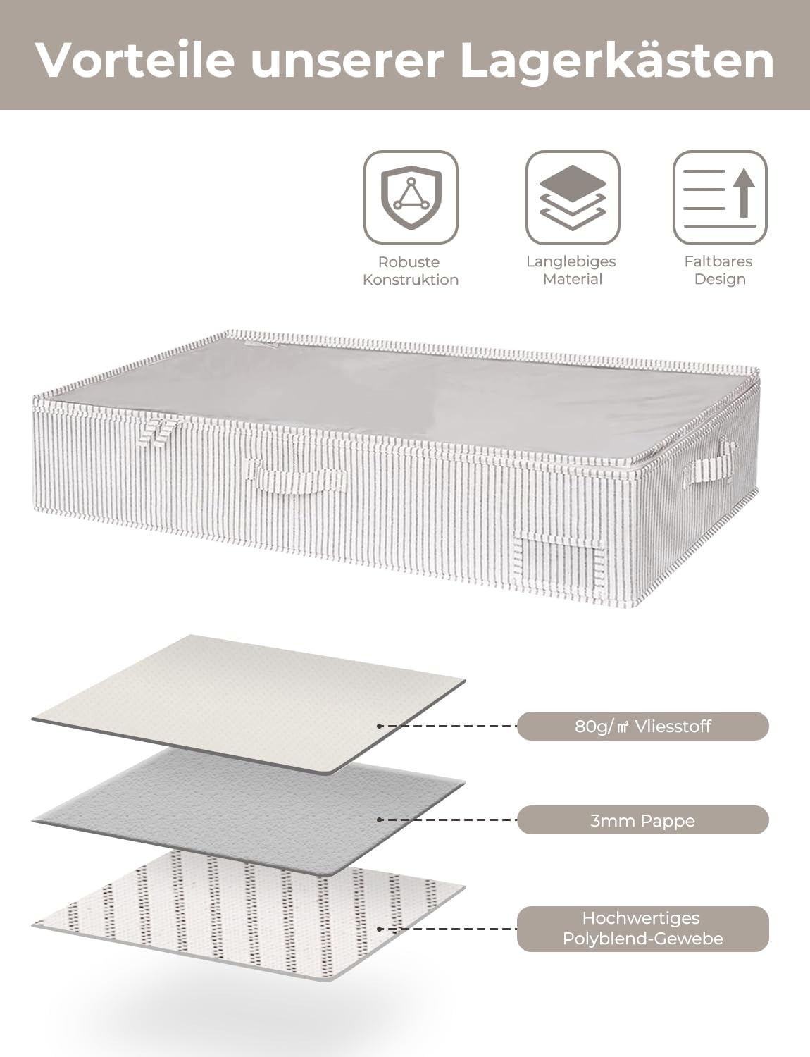 Unterbett Aufbewahrungsboxen-Set (2 Stück, faltbar), 84 x 43 x 15 cm Graue und Weisse Streifen