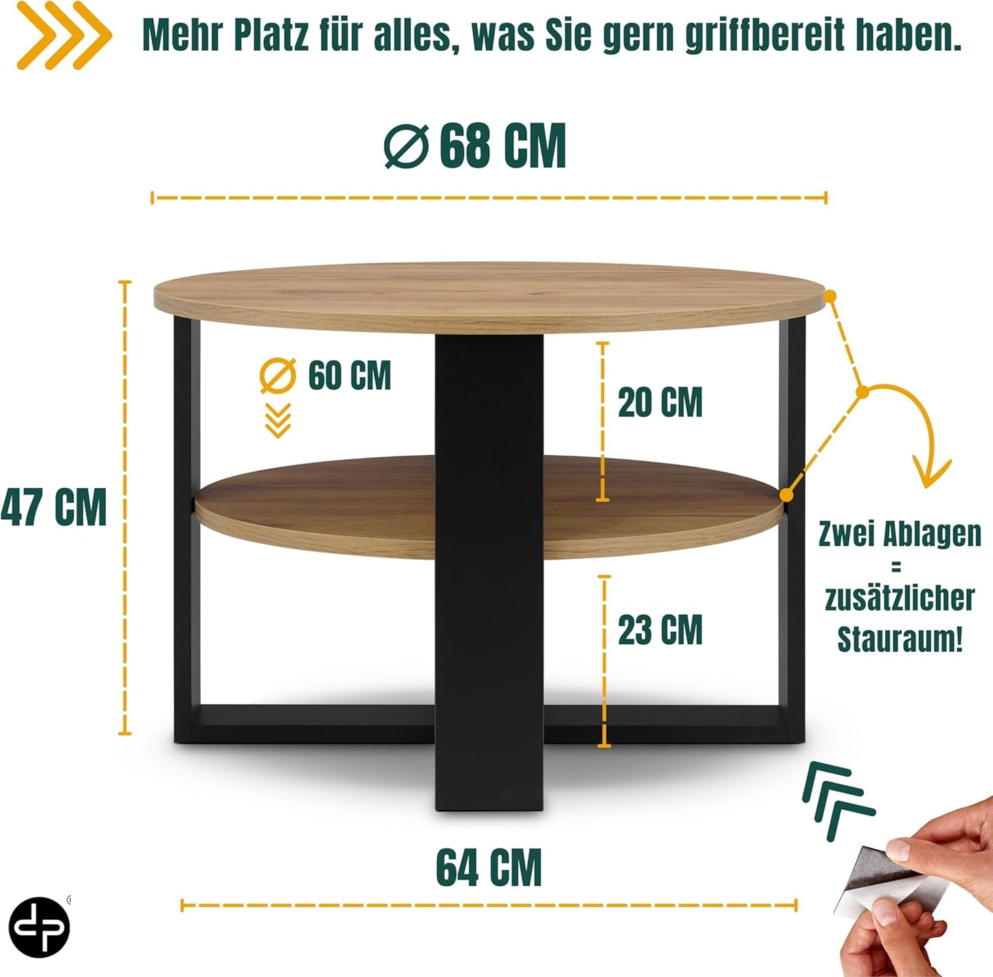 Runder Couchtisch mit Ablage, Schwarz & Eiche Durchmesser: 68CM