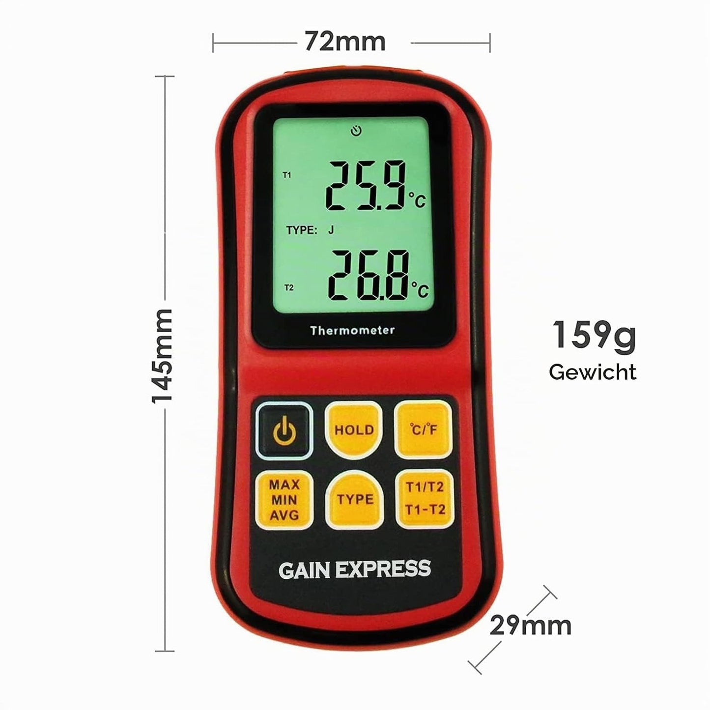 Zweikanal-Digitalthermometer mit Thermoelementen, rot
