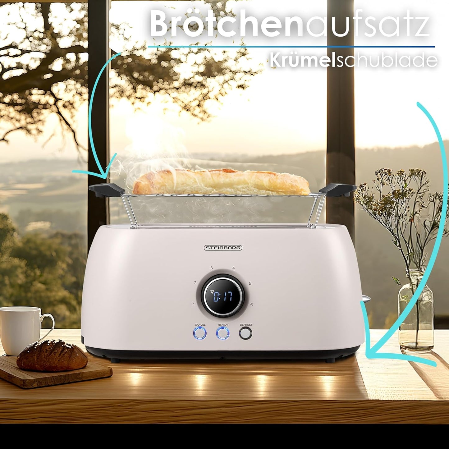 Toaster mit Brötchenaufsatz, 4 Scheiben, LED-Anzeige, Bulgur Beige