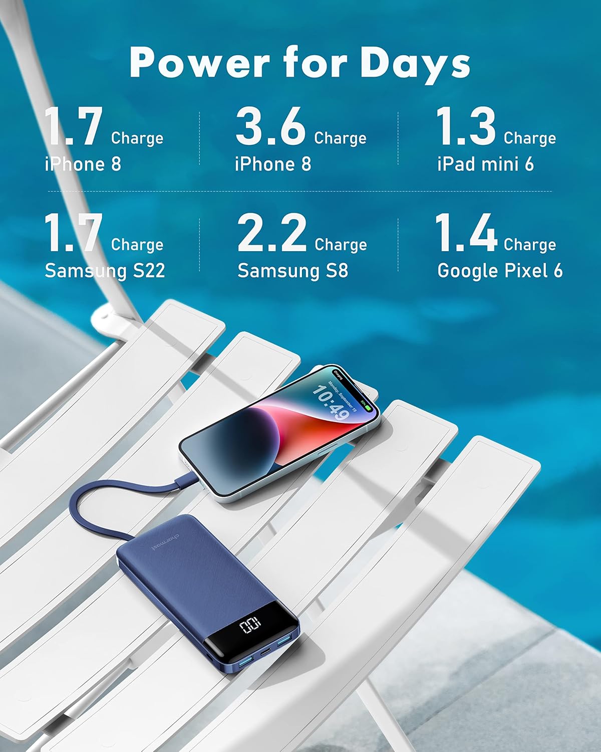 Powerbank mit 4 integrierten Ladekabeln, Blau