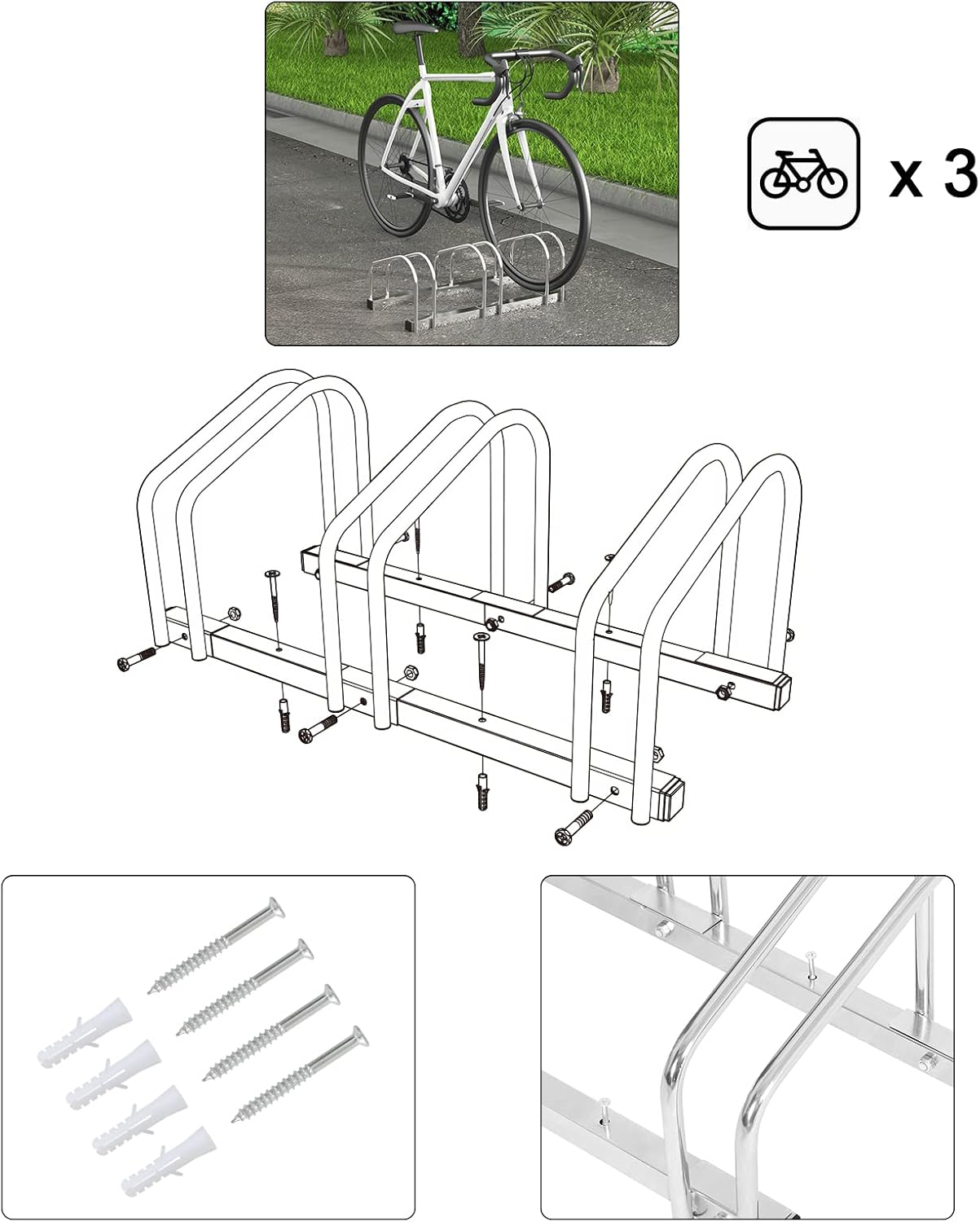Veloständer für 3 Velos, 3 Fahrräder Silber