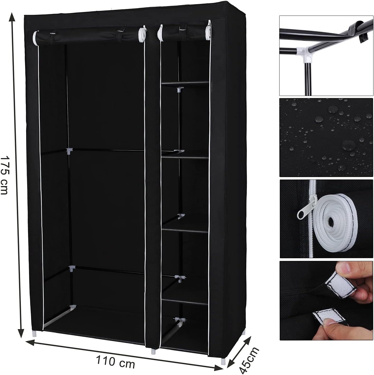 Stoffschrank XL mit Kleiderstange, Schwarz