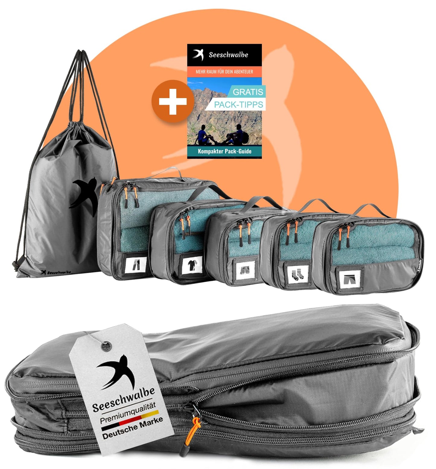 6-teiliges Packwürfel-Set mit Kompression, Grau 6-teiliges Set