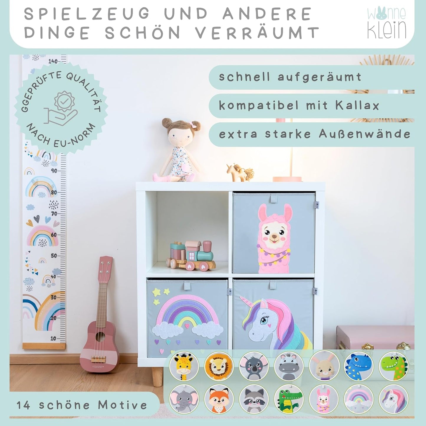 Faltbare Spielzeugkisten-Set für Kallax (3er-Set), 3er Set: Alpaka, Einhorn, Regenbogen