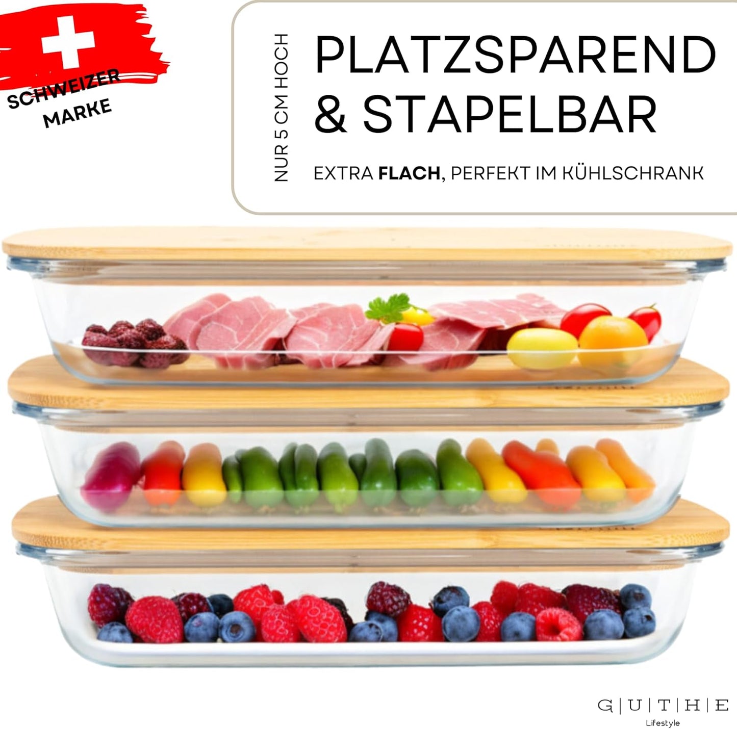 3er-Set Aufschnittboxen mit Holzdeckel, stapelbar, 3er Bambus