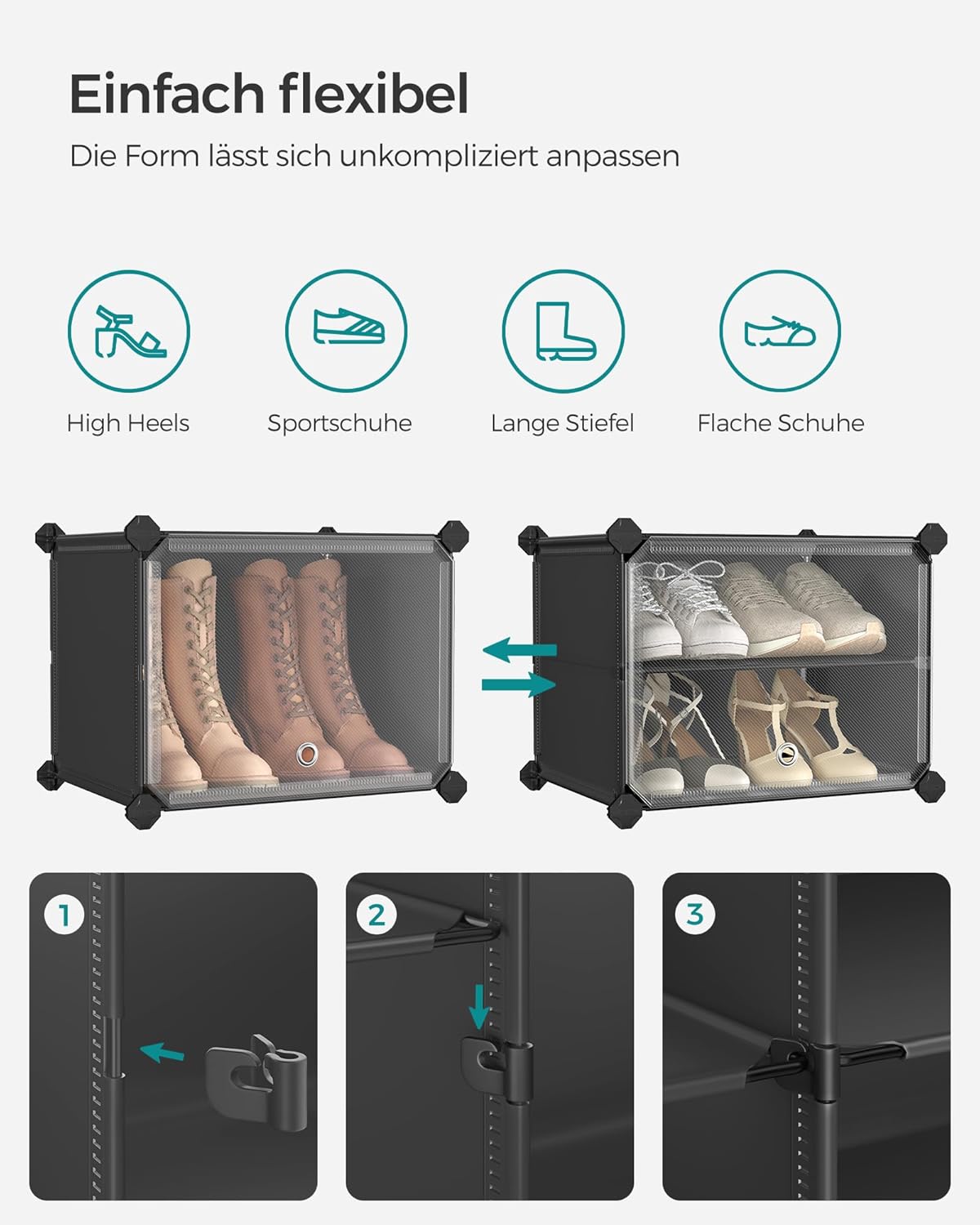 Schuhregal mit 10 Fächern für 40 Paar Schuhe, Tintenschwarz + Transparent 10 Fächern (83B x 156H cm)