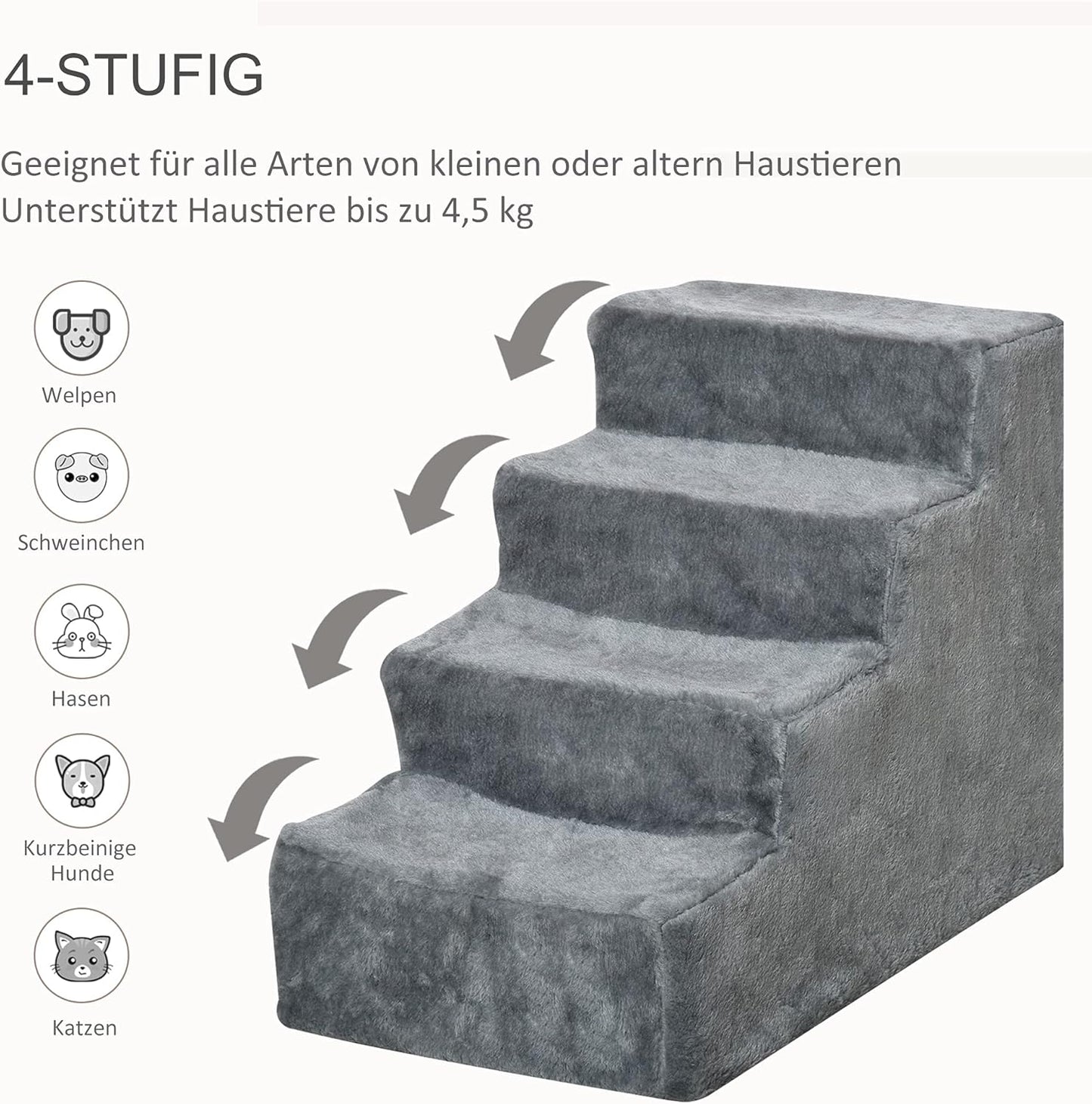 Haustiertreppe mit abnehmbarem Bezug, Hellgrau 60L x 35B x 44H cm