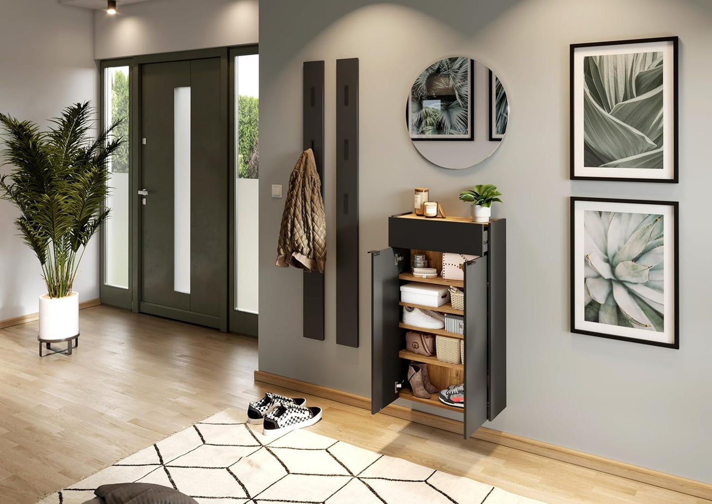 Hängender Schuhschrank, Schuhschrank Schmal Graphit/Eiche